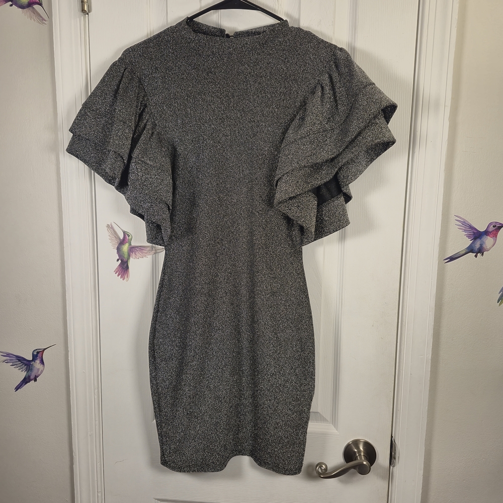 A3 Design Silver Metallic Lurex Tiered Ruffle Sleeve Bodycon Mini Dress Small
